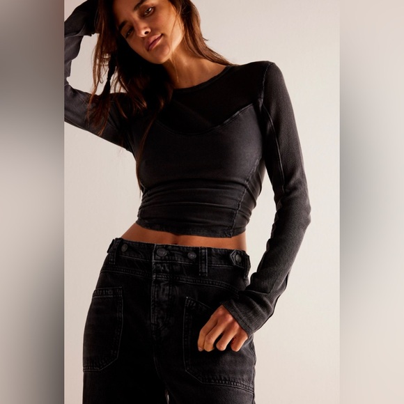 Free People We the Free Palmer Cuffed Jeans Black Wide Leg Mid Rise NWT - Picture 5 of 9
